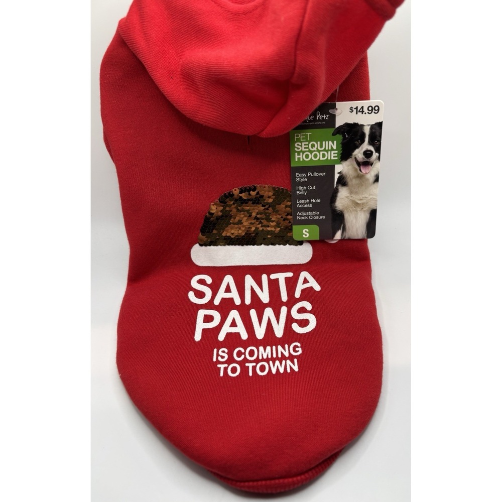 Unique Petz Dog‎ Sequin Hoodie Jacket Santa Paws Coming To Town Size Small